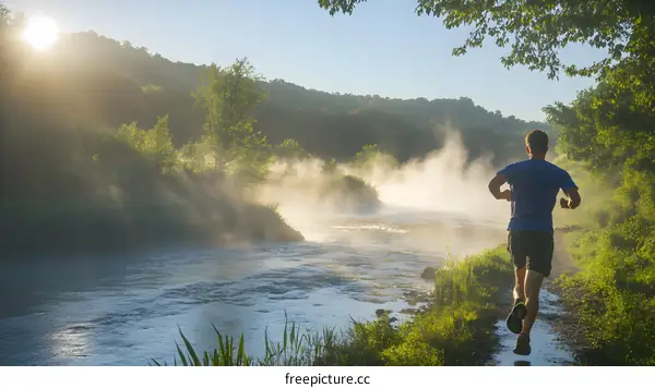 Man Running by River in Misty Morning