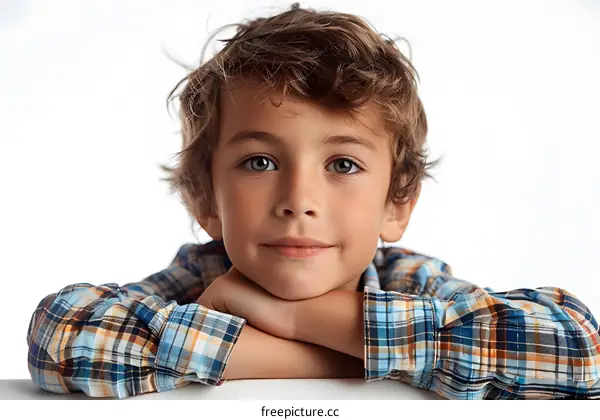 Portrait of a Young Boy with Curly Hair Wearing a Plaid Shirt