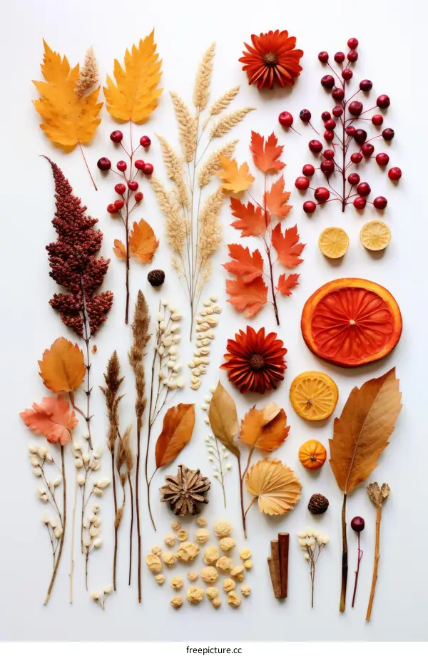 An arrangement of autumn leaves, flowers, and other natural objects