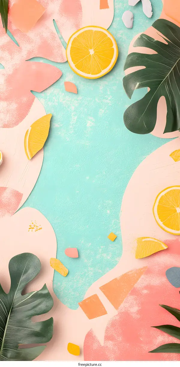 Tropical Leaves and Lemon Slices on a Colorful Background