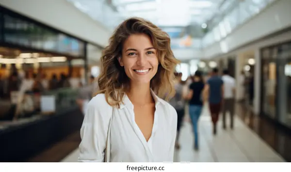 Portrait of a smiling young woman in a shopping mall