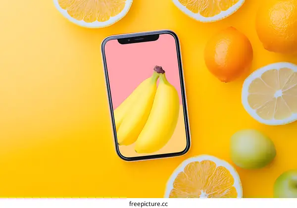 Yellow Background with a Smartphone Displaying Bananas