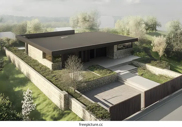 Modern House with Stone Wall and Green Garden