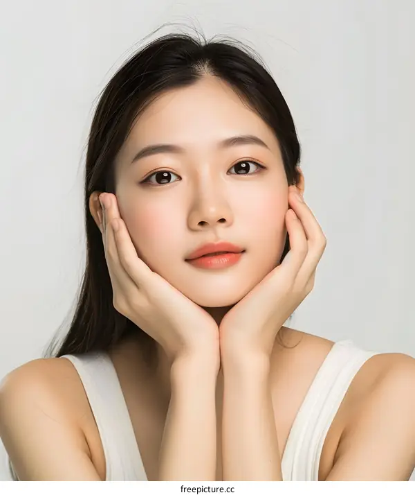 Portrait of a Young Asian Woman with Long Hair and White Tank Top