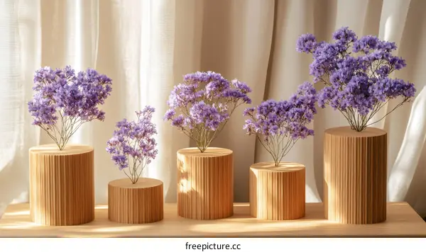 Wooden Cylindrical Flower Vases with Lavender Flowers