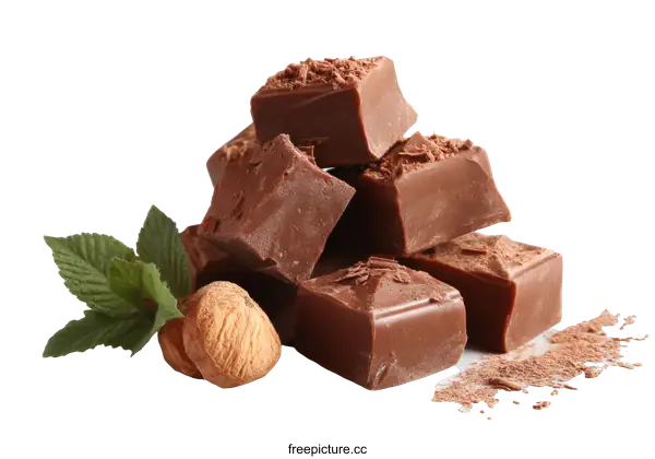 [Transparent Background PNG]Delicious Chocolate Squares with Almonds and Mint