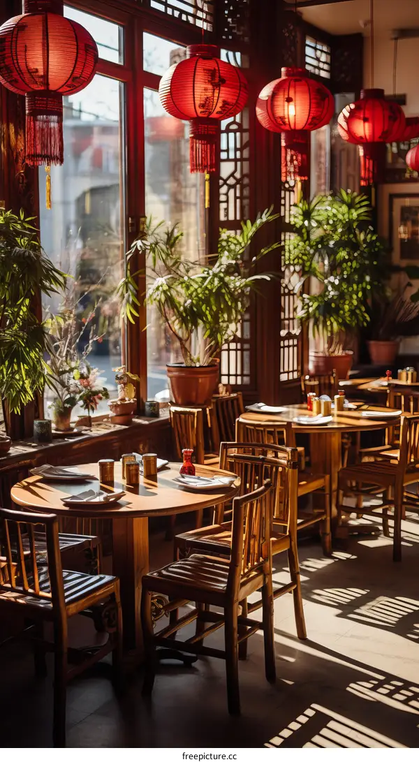 A Chinese restaurant with red lanterns and wooden tables and chairs