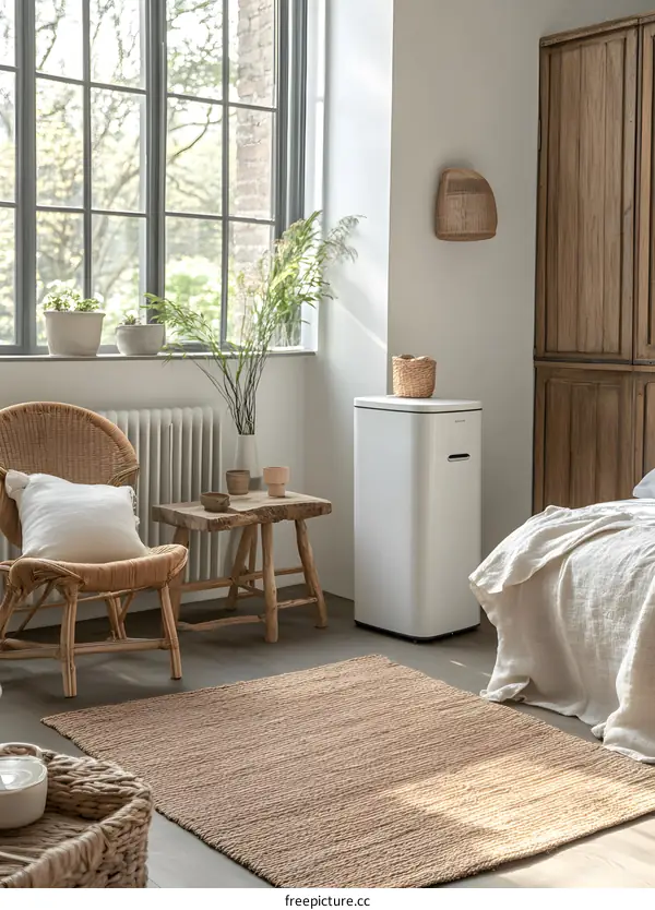 Minimalist Bedroom Decor with Wicker Chair and Rug