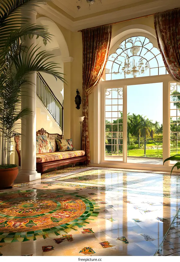 Elegant Living Room with Ornate Tile Floor and View of Palm Trees