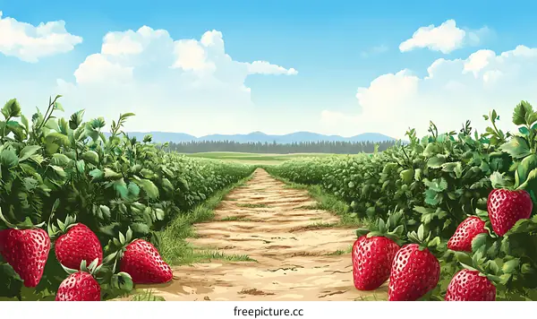 Strawberry Field Path with Blue Sky and Clouds