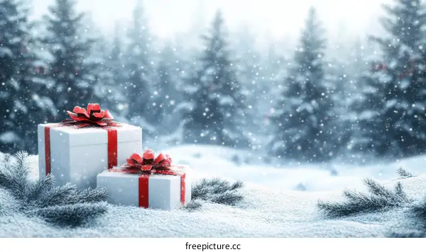 Snowy Winter Gift Boxes Scene Illustration