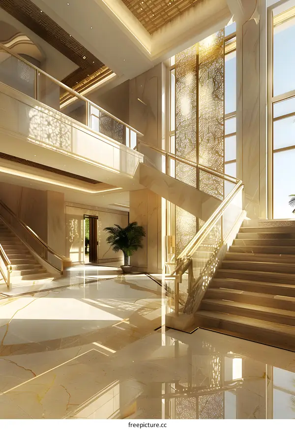Interior Design of a Modern Luxury Home with Staircase and Ornate Window