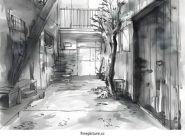 Black and White Watercolor Illustration of a Back Alley Courtyard with a Tree and Staircase
