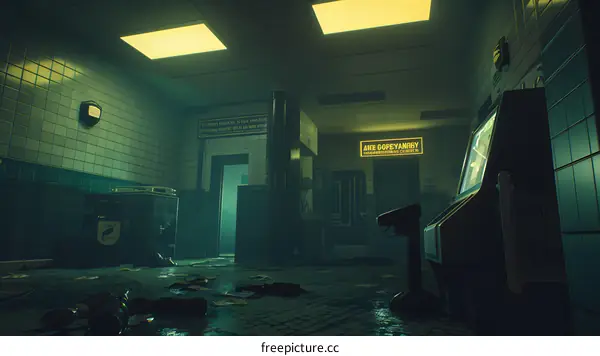 Green and Yellow Lit Abandoned Arcade Room