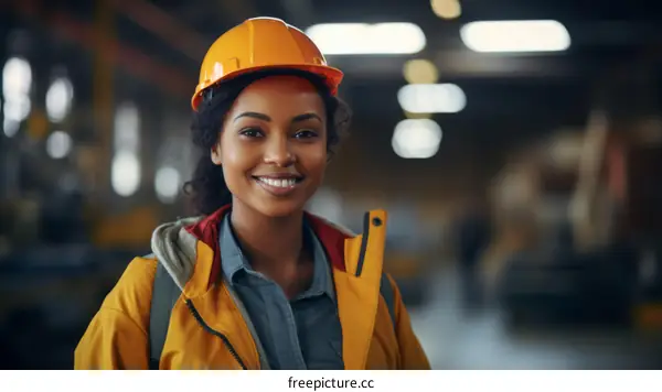 portrait of a young african american woman wearing a hard hat in a factory