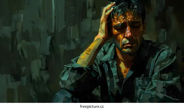 A man in a green shirt is sitting with his hand on his head