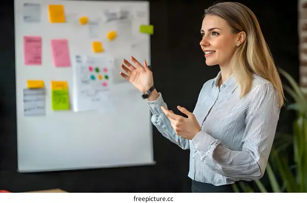 Woman Giving a Presentation on a Whiteboard with Sticky Notes