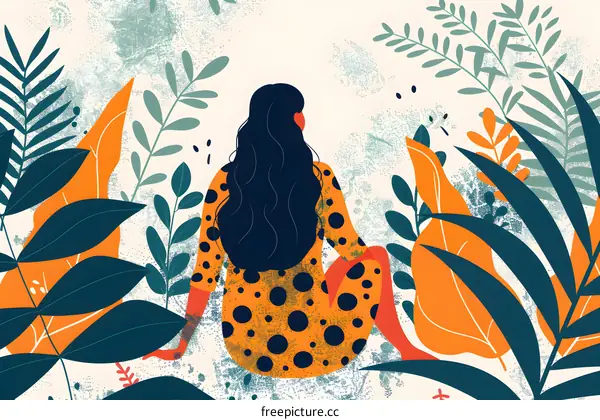 Woman in Polka Dot Dress Sitting in Lush Foliage