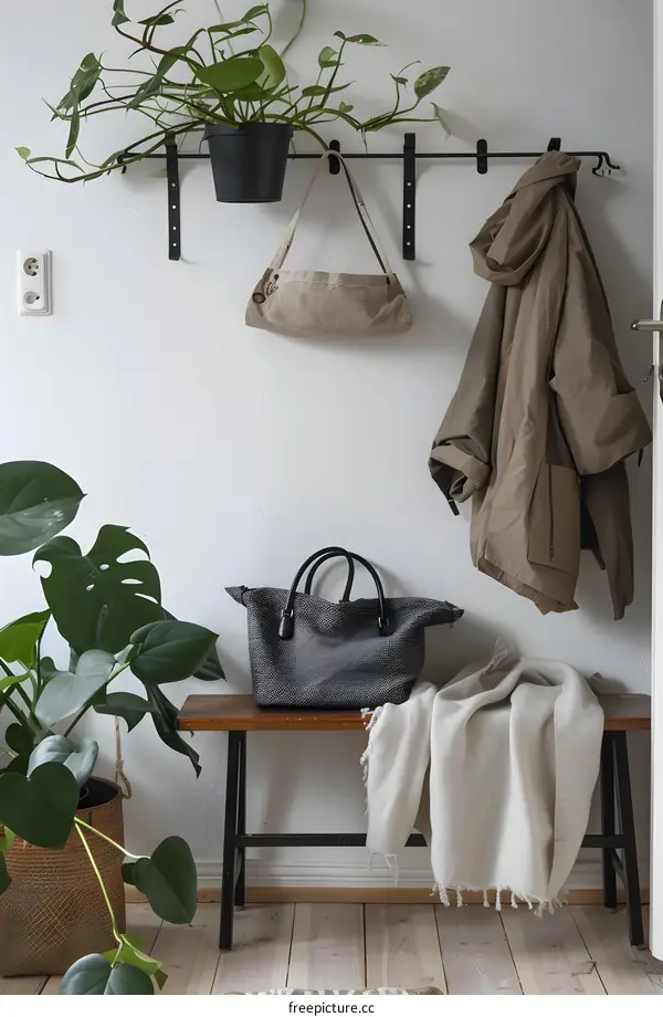 Modern Minimalist Entryway with a Rustic Bench and Hanging Plants