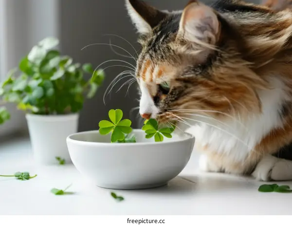 A ginger cat eats four-leaf clover
