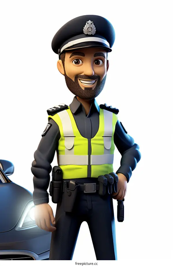 Illustration of a police officer standing next to a car
