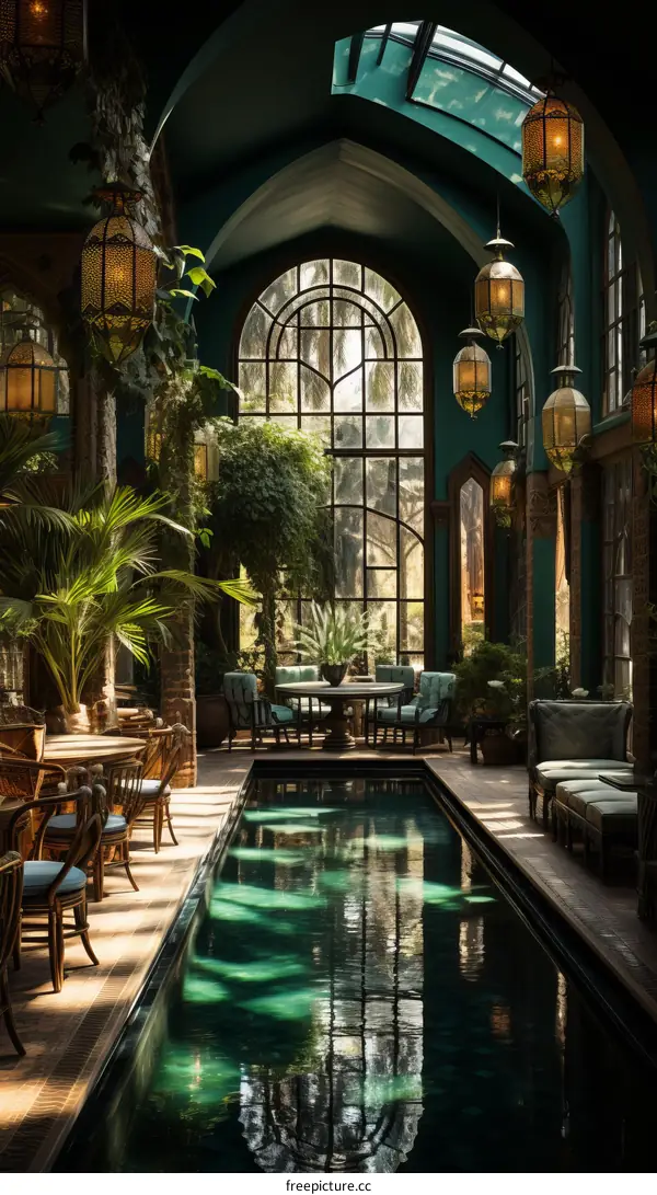 Indoor swimming pool with green walls and large windows