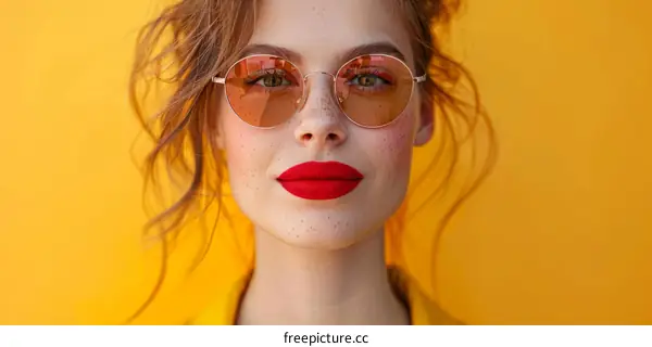 Portrait of a Beautiful Young Woman with Red Lipstick and Sunglasses