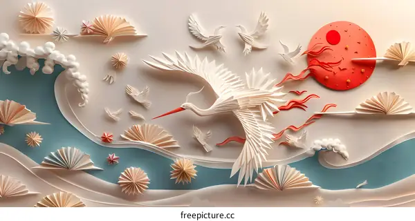 A paper cut illustration of a crane flying over a river with other birds and a red sun in the background.