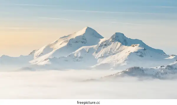 Snow-Covered Mountain Peaks Rising Above Fluffy Clouds