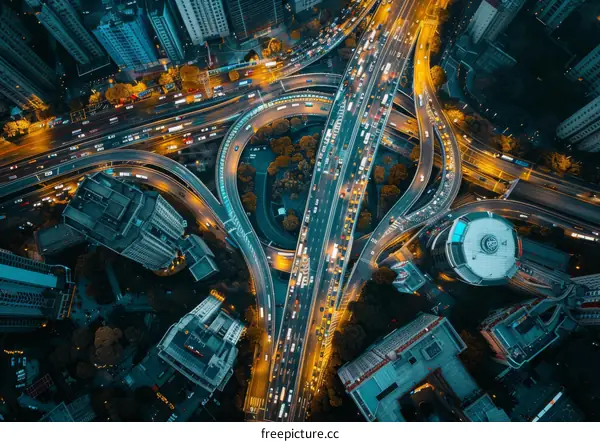 Aerial View of a Busy Highway Interchange at Night in China