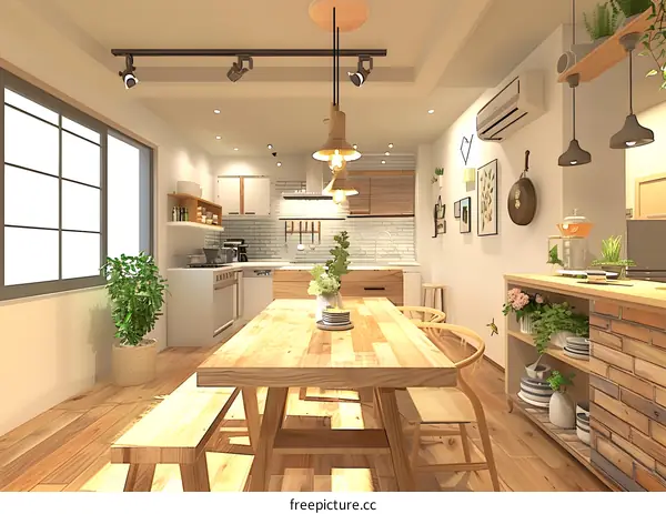 Modern Kitchen Interior Design with Wooden Table and Bench