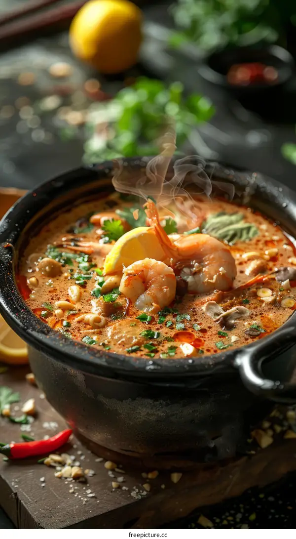 Spicy Tom Yum Soup with Shrimp, Mushrooms, and Lemon