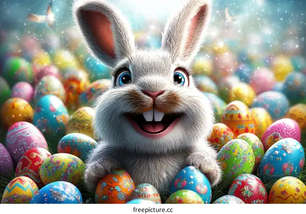 Adorable Easter Bunny Surrounded by Colorful Eggs