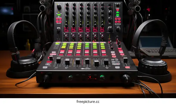 Audio mixer with headphones on a wooden table in a recording studio