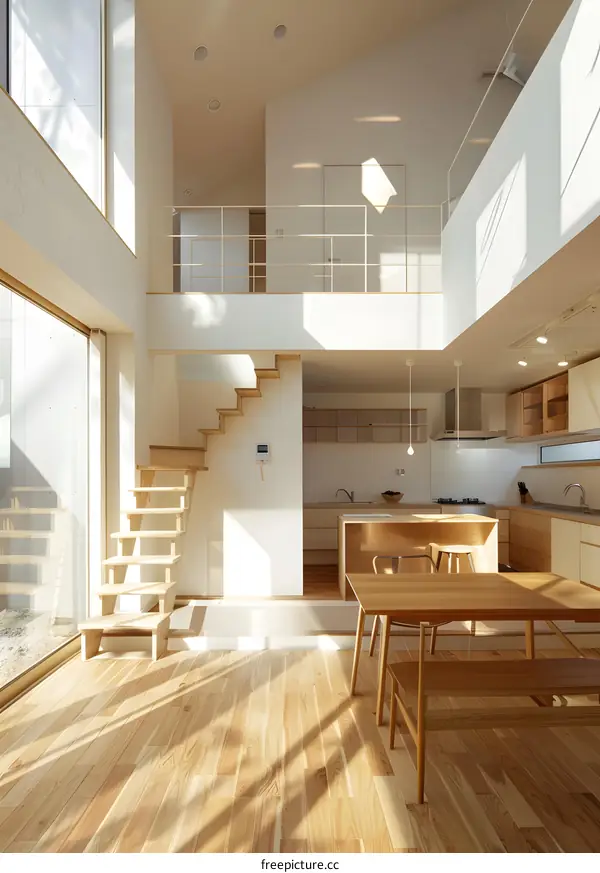 Modern Minimalist House Interior Design With Wooden Staircase and Sunlight