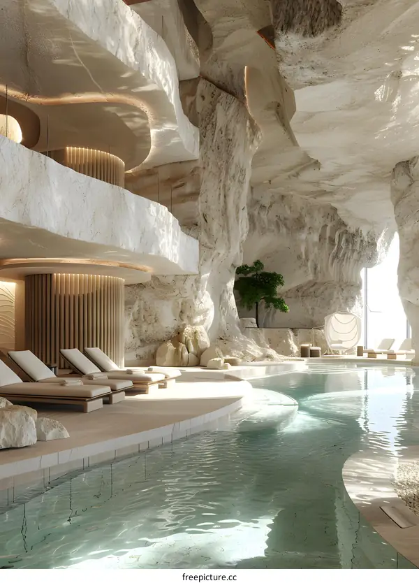 A stunning swimming pool inside a rocky cave