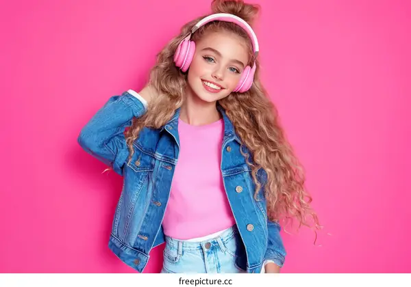 Teenage Girl in Pink Headphones and Denim Jacket
