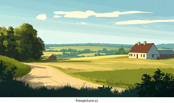 Countryside Landscape Illustration with White Farmhouse