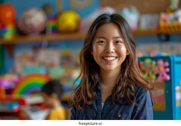 Portrait of a smiling young Asian woman with long brown hair in a classroom