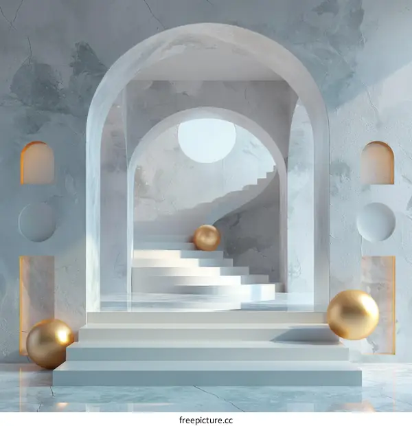 Modern Interior Decor with Geometric Staircase and Golden Sphere