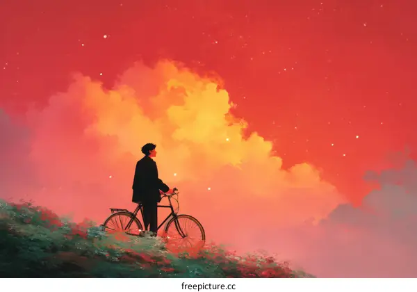 A Person Standing with a Bicycle Under a Dramatic Red Sky