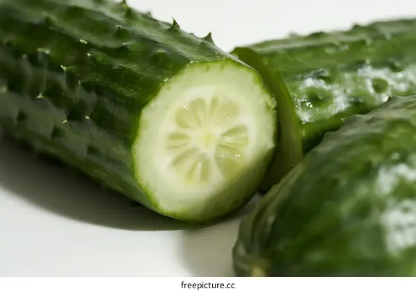 Fresh Green Cucumber with Cut Section Showing Edible Flesh