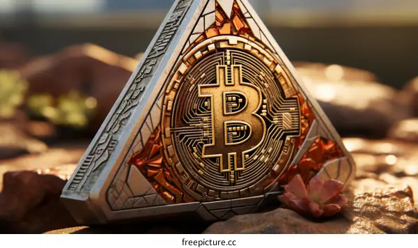 A golden Bitcoin embedded in a silver and copper pyramid