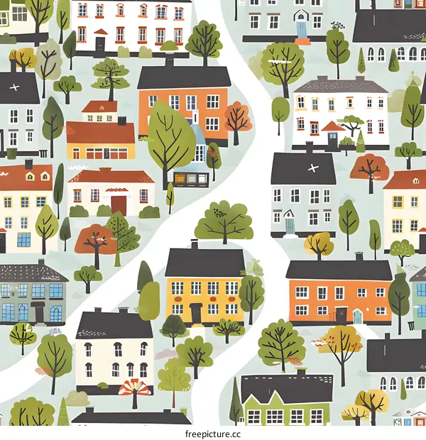 Colorful Illustration of a Village with Houses and Trees