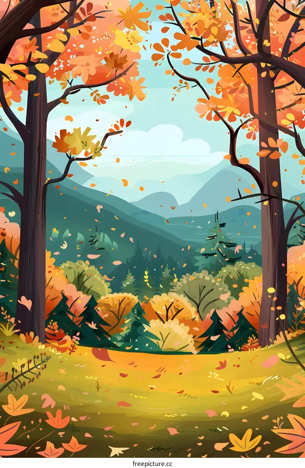 Autumn Landscape With Colorful Leaves And Trees
