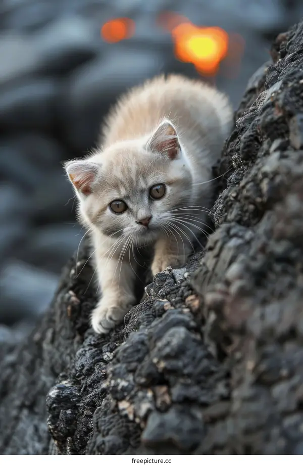 Curious Kitten Exploring Volcanic Landscape