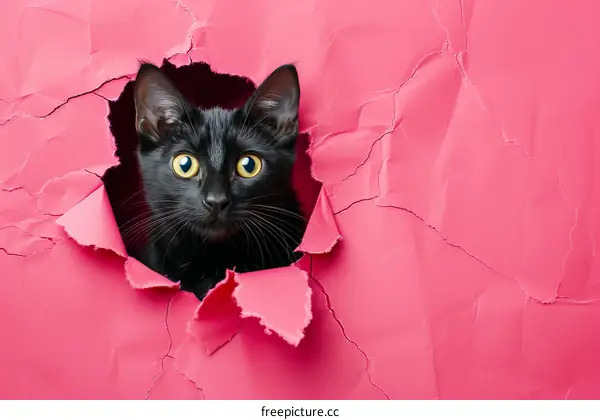 A black cat peeks through a hole in pink paper