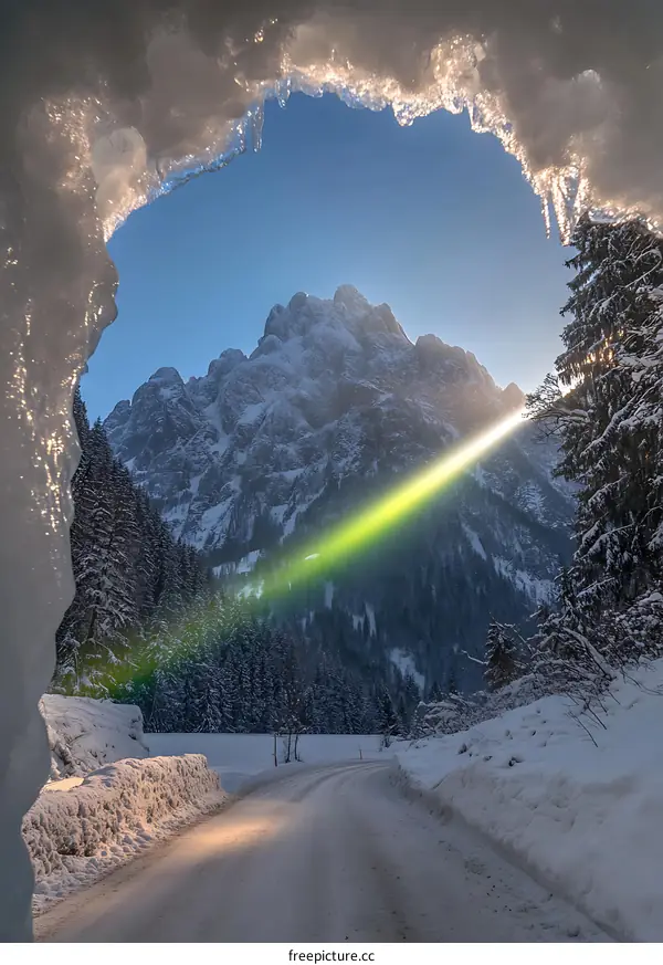 Snow Covered Mountains View Through Ice Cave