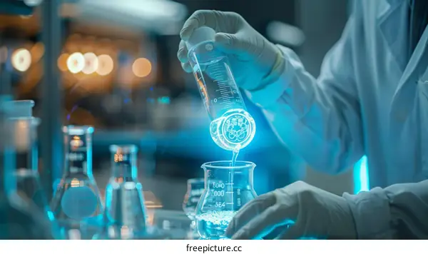 Chemist pouring blue glowing liquid from a graduated cylinder into a wide-mouth reagent bottle