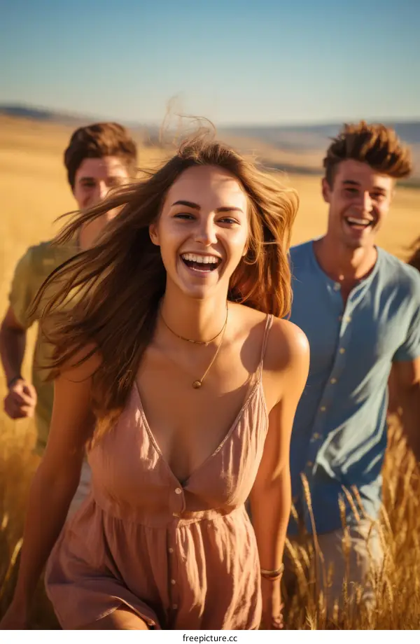 Four friends running through a wheat field